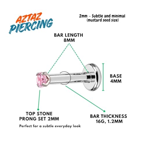 Image of Titanium G23 Internally Threaded CZ Earring - High Polish 16G for Ear, Helix, Tragus, Nose & Lip - Hypoallergenic 4 mm Flat Back with Clear, Pink, Black tops in 7mm and 8mm Length - SOLD AS ONE PIECE