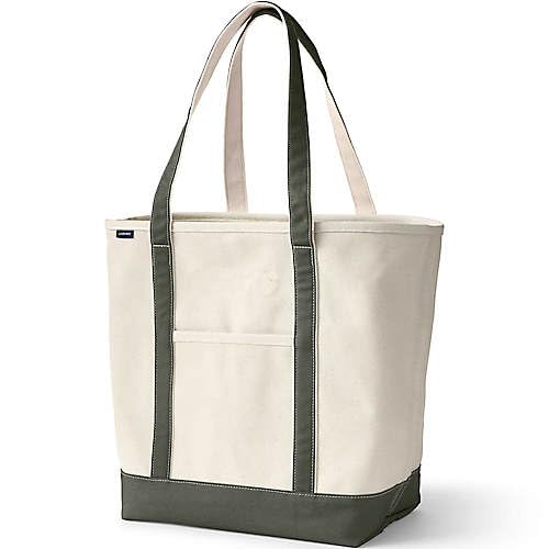 Lands' End Natural Long Handle Open Top Canvas Tote Natural/dark Olive Green Large Long Handle
