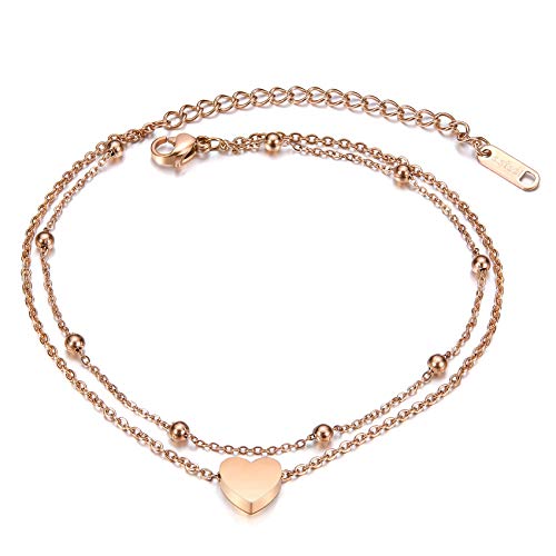Fesciory Women Stainless Steel Anklet Rose Gold Adjustable Beach Ankle Foot Chain Bracelet Jewelry Gift(Heart)