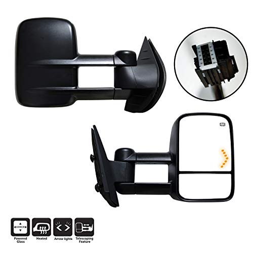 AERDM New Pair Towing Mirrors Power Operated Heated Textured Black Telescoping Trailer Side Mirrors with Arrow Signal Light Side Mirrors Compatible with 2007-2013 Chevy/GMC Silverado/Sierra