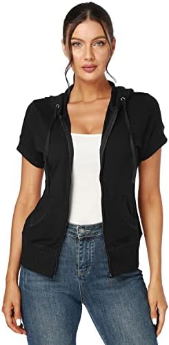 J.Corrine Women's Short Sleeve Hoodies Jackets Summer Casual Full Zip up Hooded Sweatshirts Outdoor Jackets with Pockets Black M