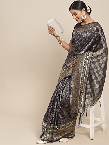 Image of AKHILAM Women's Kanjivaram Banarasi Silk Woven Design Saree With Unstitched Blouse Piece (Navy Blue FF0TOSH9103)