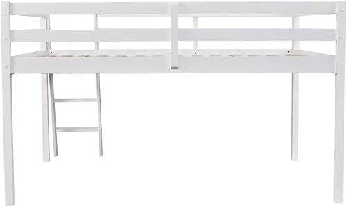Miniatura 9 de Vingli - Cama junior tipo loft baja con escalera, cama tipo loft de madera blanca de tamaño completo para adultos, niños y adolescentes jóvenes, no