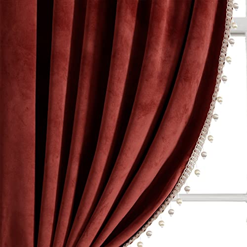 Lush Decor Luxury Vintage Velvet with Silky Pompom Trim Window Curtain Panel Rust Single 52X84, 84" L x 52" W, Rust