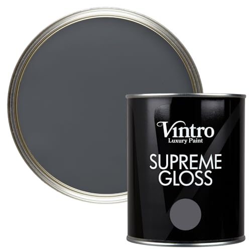 Vintro Paint | Gloss Paint | for Walls | Wood | Trim | Gloss Furniture Paint | Interior & Exterior Use. 1 Litre (Dark Grey - Wigeon Grey)