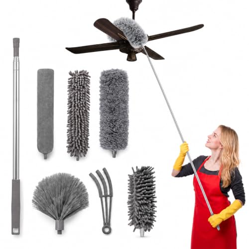 FumyFumy Staubwedel Teleskop 250 cm 7-teiliges Waschbares Mikrofaser-Reinigungsset Staubwischer lang ausziehbar Spinnenwebenentferner für hohe Decken Jalousien & Ecken