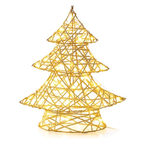 COM-FOUR® Abete decorativo con illuminazione a LED, rami intrecciati con 20 LED bianco caldo, ottima luce d'atmosfera per Natale (01 pezzi - color oro - albero 30cm)