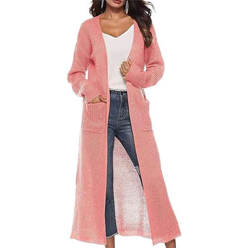 Womens Mesh Long Knee Length Cardigans Cable Knitted Open Front Outerwear Solid Color Sweater Coat with Pockets
