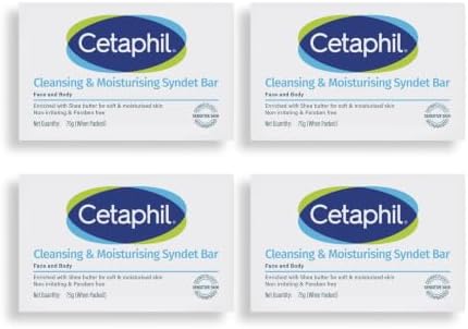 Cetaphil Cleansing Moisturizing Syndet Bar 4x75gm – Gentle Soap-Free Syndet Cleansing Bar Pack with Shea Butter Blend, pH Balanced Moisturizing & Hydrating Formula for Sensitive & Dry Skin, Hypoallergenic & Non-Irritant Daily Cleanser for Face & Body
