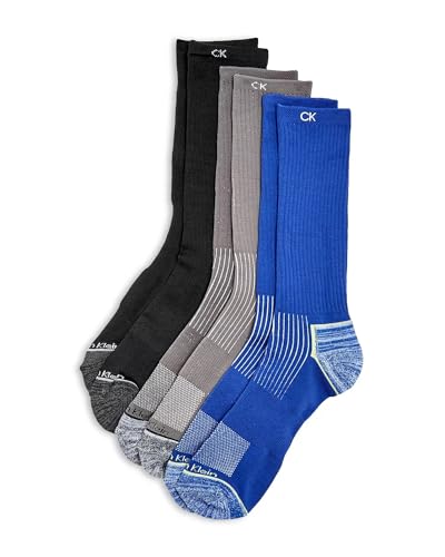 Calvin Klein Men's Microfiber Stretch Zone Cushion Crew Socks - 3 Pack (One Size, Blue Assorted)2