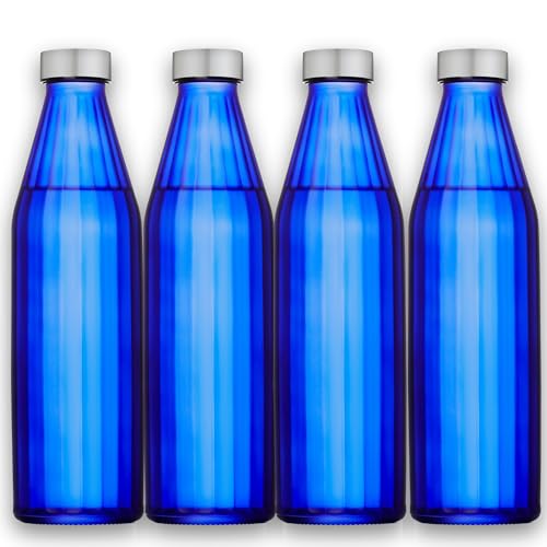 Image of SAND DUNE Navy BlueColour Glass water bottle, 800 ml Each, Set of 4, with Leak-Proof Airtight Stainless-Steel Lid for Water, Smoothie, Juices - Reusable Travel Glass Drinking Fridge Bottles