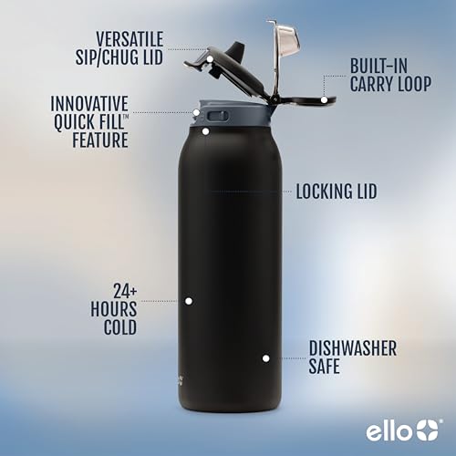 Ello Pop & Fill 40oz Stainless Steel Water Bottle with Quick Fill Technology, Double Walled and Vacuum Insulated Metal, Leak Proof Locking Lid, Sip and Chug, Reusable, BPA Free, Tonal Black - 4
