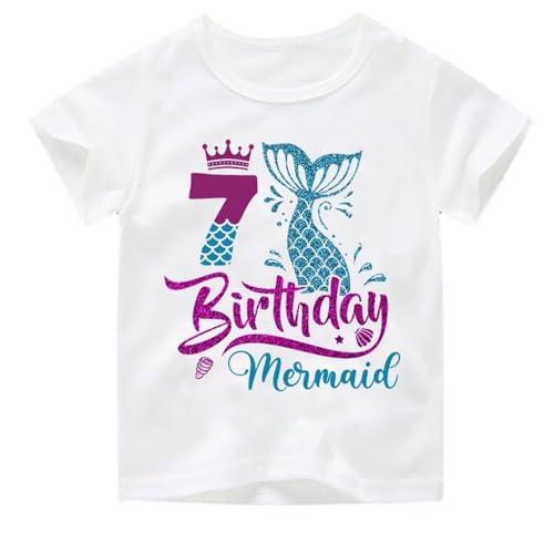 7th Birthday Shirt for Girls, Dress for Girls, T Shirt for 7 Year Old Gift Outfit, Decoration Mermaid Clothes White