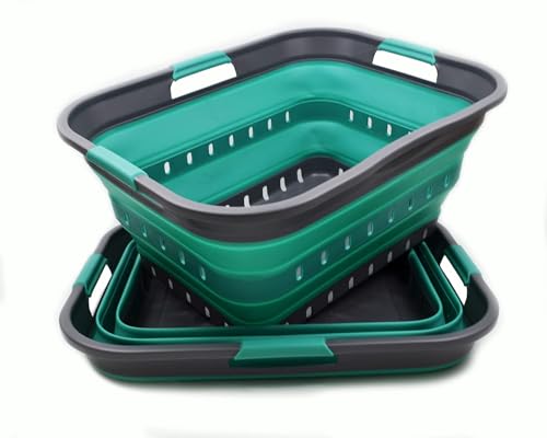 Image of SAMMART 42L (11 gallon) Collapsible Plastic Laundry Basket - Foldable Pop Up Storage Container /Organizer - Portable Basket - Space Saving Hamper /Basket (2, Grey /Turquoise Blue)