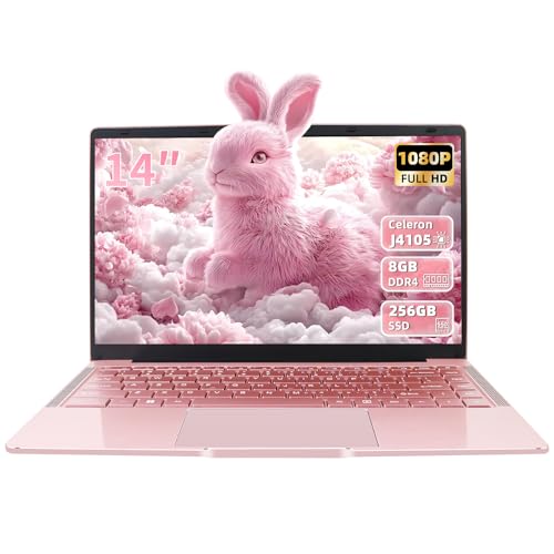 Fsjun 14 Inch Rosegold Laptop, Quad-Core Prozessor Celeron J4105, 8GB DDR4 RAM, 256GB SSD, FHD IPS Display, WiFi, BT, HDMI, Webcam, Ultra Lightweight Notebook for Travel, Online Classes, Work, Study