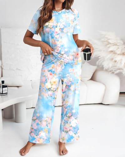 Image of CHICME Womens Pajamas Sets 2 Piece Short Sleeve Lounge Set Printed Loose Pants Pj Sets Loungewear Set