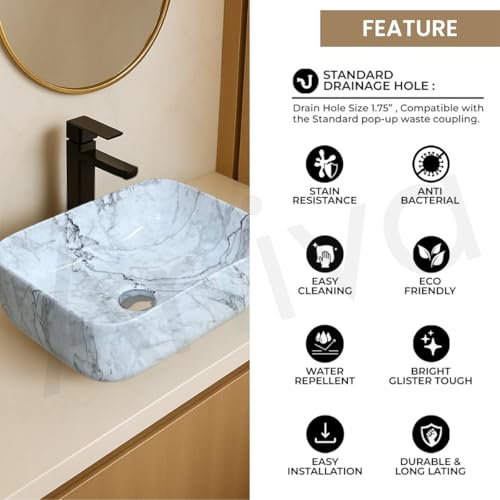 Image of Artiva Ceramic Wash Basin /Tabletop Washbasin For Bathroom,12 inchx16 inch /Small Countetop Bathroom Basin /Table Top Basin For Home,Office,Hotel /Rectangle Glossy Sink (Statuario-White,12x16 Inch)