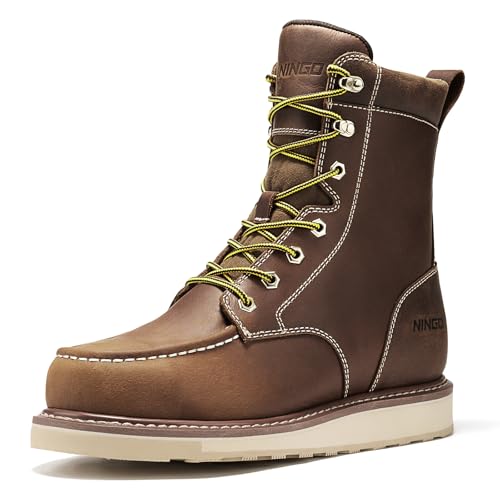 NINGO Steel Toe Work Boots for Men, 8 Inches Waterproof Moc Toe Construction Boots, Goodyear Welt Non Slip Wedge Outsole, Full-Grain Leather EH Rated Mens Safety Work Shoes, for Industrial, Welding