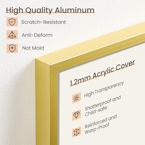 Image of upsimples Aluminum 11x14 Picture Frame Gold, Display Photo 8x10 with Mat or 11 x 14 without Mat, Wall Hanging Metal Poster Frame with Acrylic Cover, 1 Pack