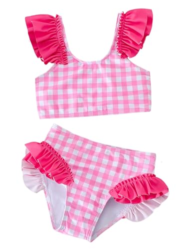 Verdusa Girl's 2 Piece Gingham Plaid Bikini Set Ruffle High Waist Swimsuit Bathing Suit