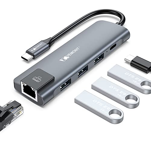 VEMONT 5 in1 USB C hub, Type-c multiport Adapter with Gigabit Ethernet, 3 USB 3.0 hub for Data, 100W Power Delivery, USB hub for Laptop MacBook or ipad, and Other USB C Devices