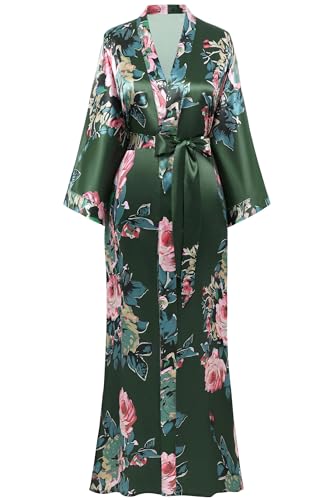 BABEYOND Bata larga para mujer, de satén, para verano, kimono con estampado de flores, albornoz de kimono, cárdigan de punto para mujer, túnica larga, con flores, bata de dormir para niña, pijama,
