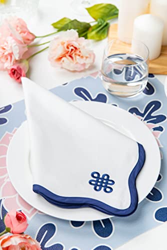 Hofdeco Premium Coastal Cotton Cloth Napkins Set Of 4, 20”X20” Washable Dinner Napkins For Nautical Yatch Decor, Navy Blue Embroidered Endless Knot #TOP2