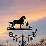 Kaefen Wetterhahn Gartendeko,Bauer-und-Pferd Wetterfahne Gartenpfahl,Metall Eisen Kunstdekor Dekorative Windfahne,Betreff Dach Deko,für Garten Rasen Terrasse-Hof Ornament, Schwarz, 50x30cm
