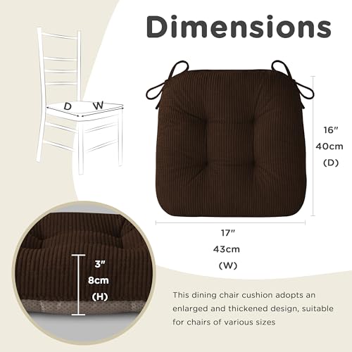 Image of AddGrace Chair Cushions for Dining Chairs Set of 2 Non-Slip Kitchen Seat Cushions with Ties Tufted Thick Seat Pads for Indoor Kitchen Dining Furniture 17 inchx16 inchx3 inch Dark Brown