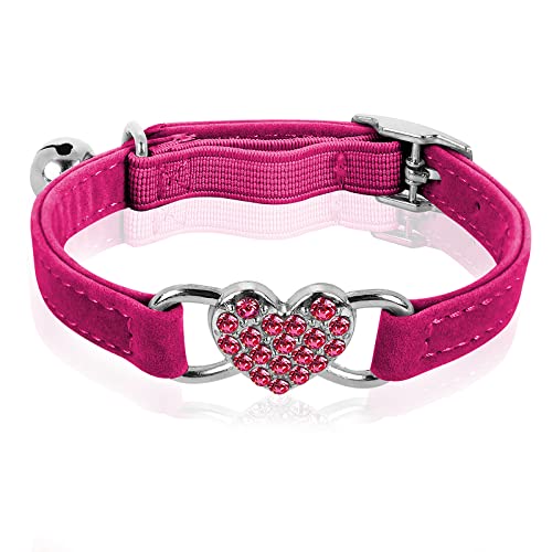 cobee Collar de Gato con Forma de corazón Brillante con Campana, Collares Ajustables para Gatitos con cinturón de Seguridad, Collar para Mascotas de Diamantes (Rojo Rosa)