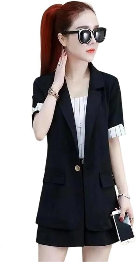 Women Solid Short Sleeve Suit Set, Blazer Crop Tops Slim Shorts Office High Three-Piece Outfits