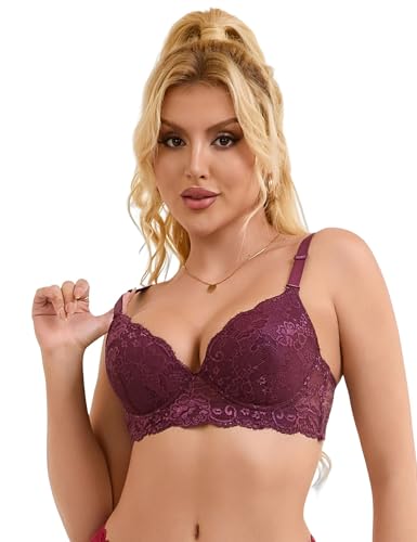 comeondear Push Up Bras for Women Underwired Padded Bras Support Lace Bras Balconette Wide Back Bras Ladies Full Coverage Bras Minimiser Bras Breathe Soft Red 34D