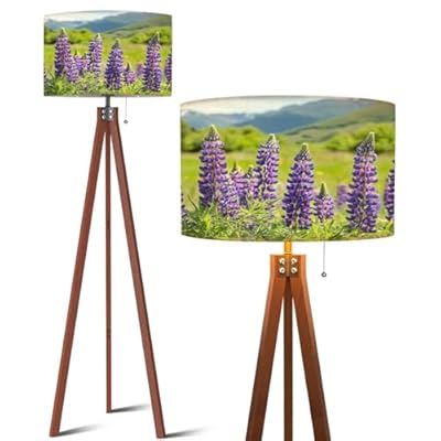 QFHOMTEOL Wood Tripod Floor Lamp Wild Lupins Arrowtown New Zealand Modern Standing Lamp Linen Lampshade Dimmable Tall Lamp Mid Century Floor Lamp for Living Room Bedroom