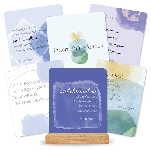 BIROYAL 55 Affirmationskarten für Erwachsene - Achtsamkeitskarten mit Holzständer - Motivationskarten mit Sprüchen - Positive Affirmationen Karten - Achtsamkeit Geschenk für Frauen