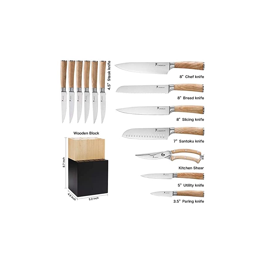 Kangdelun Natura Series 14 PCS Knife Block Set, Ultra Sharp High Carbon Stainless Steel with Wooden Handle