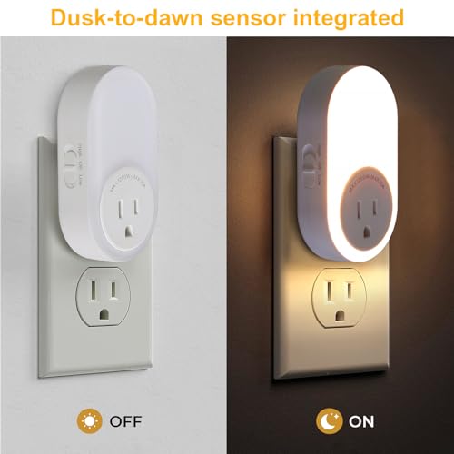Image of Dawnrise Night Lights Plug Into Wall, Dusk to Dawn Sensor Night Light with Power Outlet, CCT 2200K or 4000K, 5Lm or 20Lm Adjustable Brightness for Bedroom, Kitchen, Living Room, Office, 2PK