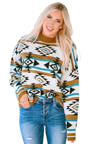 Women's Bold Aztec Striped Knit Ribbed Trim Sweater