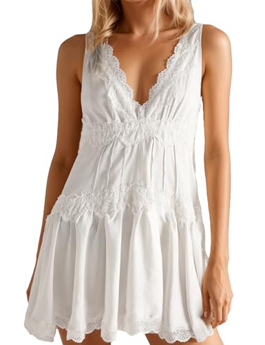People Free Mini Dress People Free Dupes Womens Lace Dress Slip V-Neck Summer Y2k Ruffle Hem Flowy Swing Boho Short Dresses White