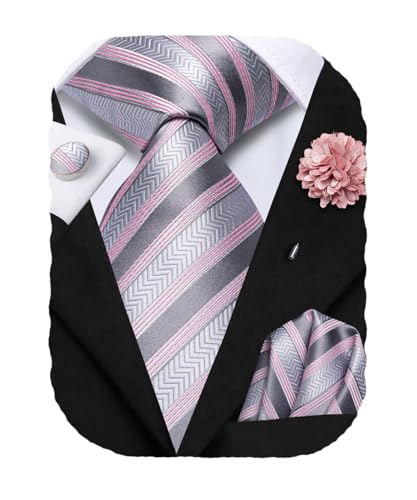 Hi-Tie Mens Silver Gray Pink Silk Striped Tie Pocket Square Cufflinks Set