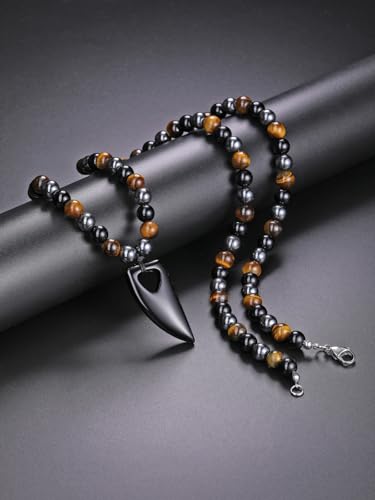 Jovivi Healing Crystals Natural Black Obsidian Tigers Eye Hematite Beaded Necklace Wolf Tooth Necklace Crystal Amulet Stone Pendant for Men Women Triple Protection Jewelry Gifts2