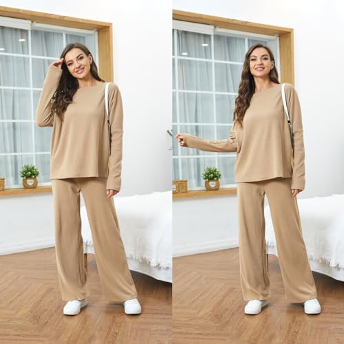 Xaspee Women's 2 Piece Corduroy Wide Leg Sweatsuit Sets Batwing Sleeve Loose Top and Pants Knit Loungewear Outfits2