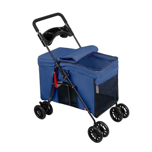 Homewell Passeggino per cani, passeggino per cani di piccola taglia, passeggino per animali domestici con 2 finestre, porta bevande, fino a 20 kg (blu)