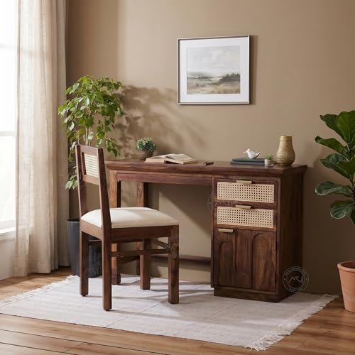 Image of NSH Solid Sheesham Wood Study Table with Chair | Wooden Writing Desk with Drawer & Door Storage | Pre-Assembled Computer Desk Workstation for Home Office & Study Room | Teak Finish