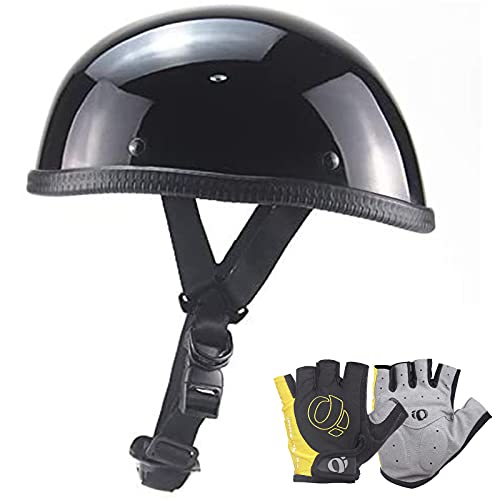 Motorcycle Retro Half Helmet Skull Cap for Men Women Open Face Motorbike Helmet DOT/ECE Approved with Gloves Moped Jet Bicycle Scooter Helmet Ultra Thin Beanie Hat-Light Without Peak,Bright Black,M