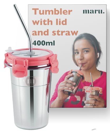 Image of MARU Stainless Steel Tumbler 400ml with Lid, Reusable Straw & Cleaning Brush - Durable, Leakproof & Portable Sippy Cup Ideal for Travel, Office & Home (Pink)