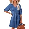 Dokotoo Denim Dress for Women Casual V Neck Puff Short Sleeve Mini Jean Dress Cute Back Tie Summer Dresses