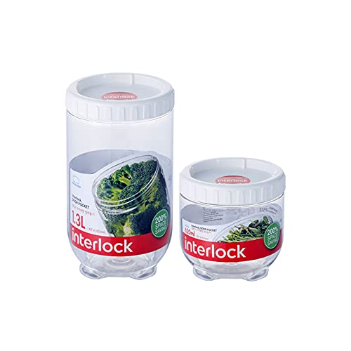 Lock & Lock Interlock Round Refrigerator Food Storage Containers With White Lid, Set of 2, Transparent (INL401 x 1 + INL402 x 1)