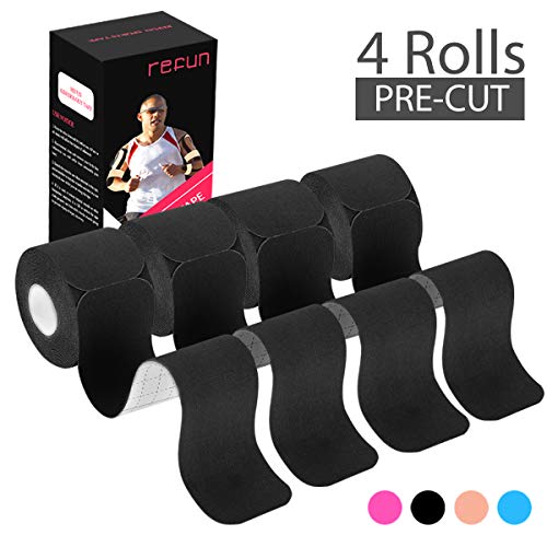 REFUN Kinesiology Tape Precut (4 Rolls Pack), Elastic Therapeutic Sports Tape for Knee