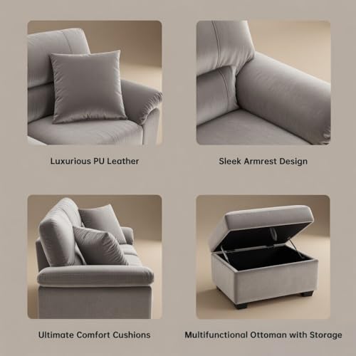 Image of Anderson Sofa Set for Living Room | Sectional Sofas | Premium Leather Sofa for Home Office | Leather Sofa Set | Leatherette Sofa (Light Grey Fabric, 3+2 Seater with Ottoman)