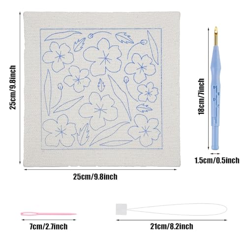 Image of Allazone Punch Needle Embroidery Kit Frame - Square Fabric with Flower Pattern, Hoop, Yarns, Punch Needle (Pink and White)